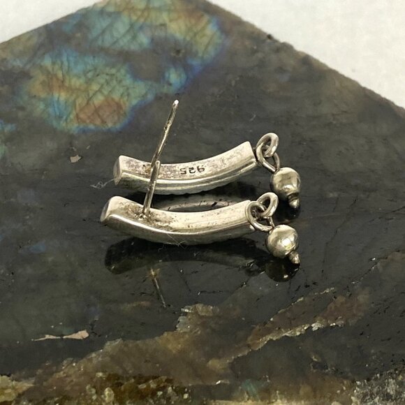 Solid Sterling Silver 925 Curved Textured Quarter Hoop Dangle Ball Post Earrings - Picture 8 of 16